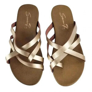 Seven7 Leather  Strap Thong Summer Sandal Champagne &Cork &Rubbler Sole sz 6US